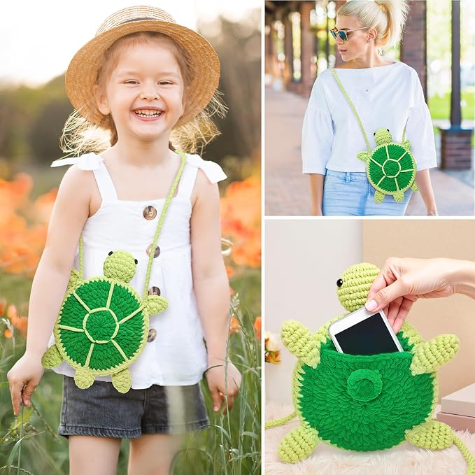 Mewaii Turtle Crossbody Bag Crochet Kit for Beginners, 40% Extra Yarn | Video Tutorial, Pre-Started Piece, Gift Box, Level 1 Starter Kit, Family Craft for Adults, Kids & Beginners