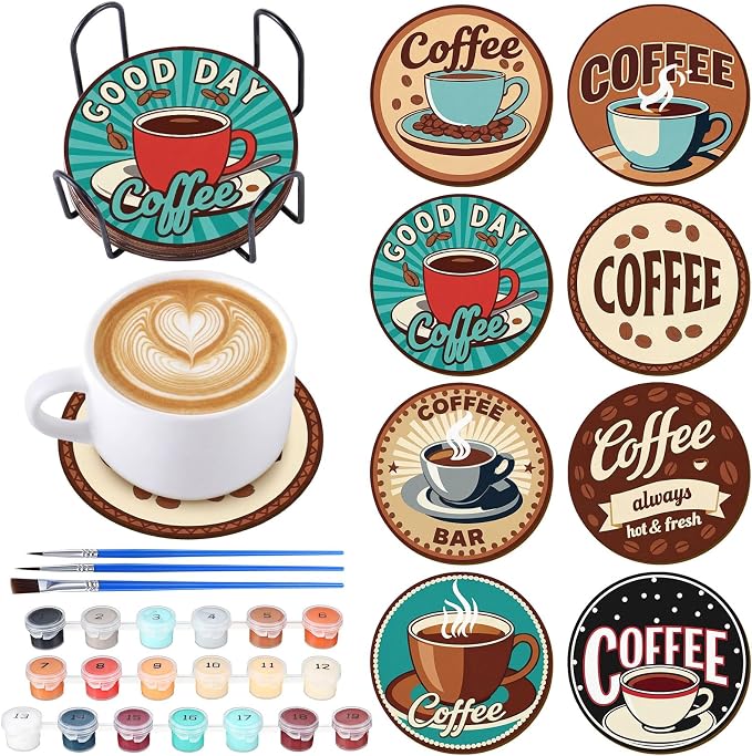 Reallnaive 8 Pcs Coffee Paint by Numbers Kit for Adults Wooden Coaster | Mini Paint by Numbers, Tiny Brown Round Oil Painting Drink Coaster with Holder, for Small DIY Craft Birthday Gift
