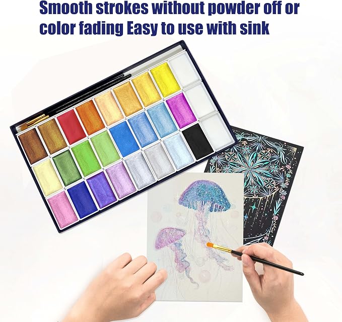 6ML Shimmer Watercolor Paint Set, 24 Colors Glitter Metallic Watercolour Painting Sets, Solid Pearl Water Color Paints for Artists, Amateur Hobbyists and Painting (24 Colours)