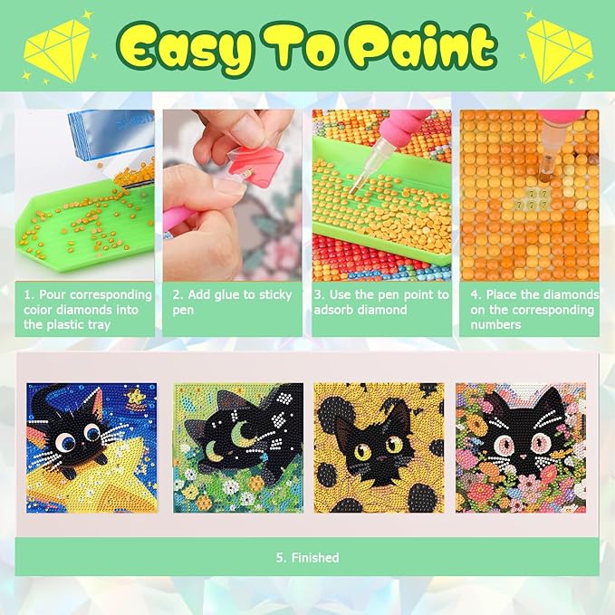 ICYANART 4 Pack Cat Diamond Art Painting Kits for Kids Age 6-8-12 6x6 Inch | Cat Diamond Art Painting Kits for Kids Ages 6-8-12, Small Diamond Art Kids, Simple Art and Craft for Kids(no Frame)
