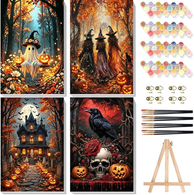 bleihum 4 Pack Halloween Paint by Numbers Kit for Adults with Frame Easel