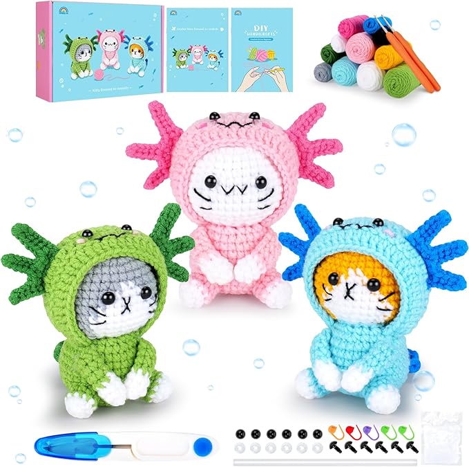 Fortuning's JDS Crochet Kit for Beginners, 3 PCS Axolotl Cat Crochet Kits | w/ Step-by-Step Video Tutorials, Beginner Crochet Kit for Adults Kids, Cat Crochet Gifts for Girl