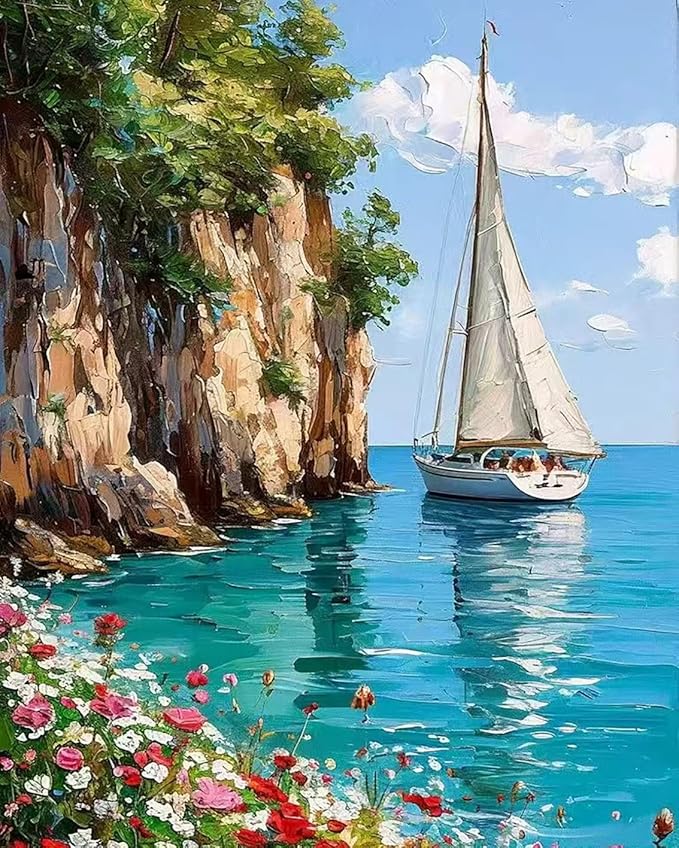 Mrnsiet Sailboat DIY Paint by Numbers for Adults, Coastal Sail Boat Paint by Number for Beginners, DIY Landscape Painting by Number Kits Oil Paint Drawing Canvas Home Decor 16x20 Inch