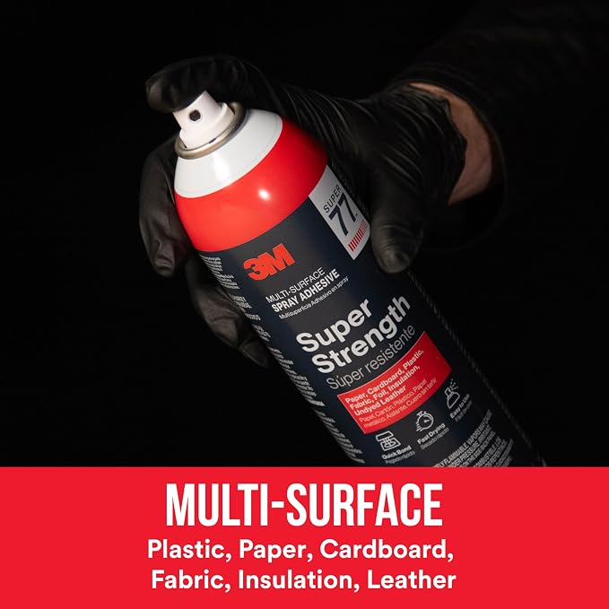 3M Super 77 Multi-Surface Spray Adhesive, 7.35 oz., Low VOC, Quick Bond, Fast Drying, Clear Finish for Foil, Foam, Paper, Metal, Plastic, Fabric, and Cardboard (77-10-NAT), 3-Pack