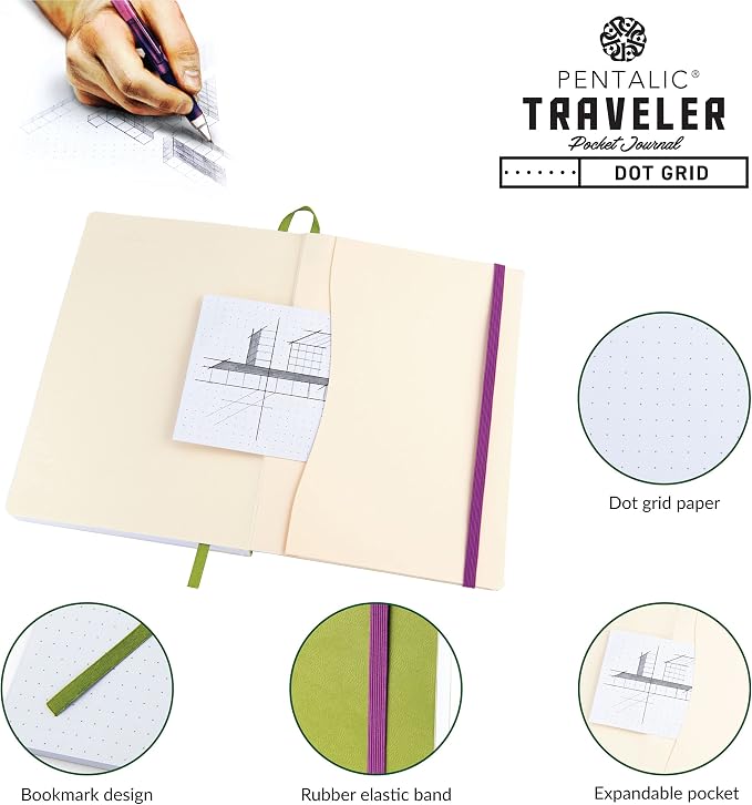 Pentalic 6 x 8" Pocket Dot Grid Traveler Journal, 160 Pages, Olive Green