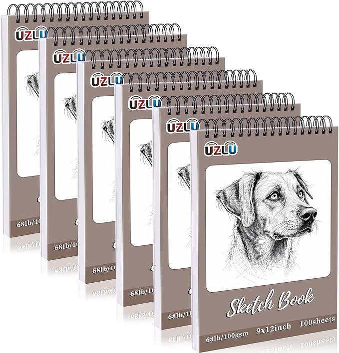 UZLU 6 Pcs Sketchbook Bulk 9 x 12 in 600 Sheets Top Spiral Bound Sketch Pad Drawing Paper 100 Sheets Each Acid Free Mixed Media Sketch Book 68lb/100gsm Art Supplies for Beginner Artist
