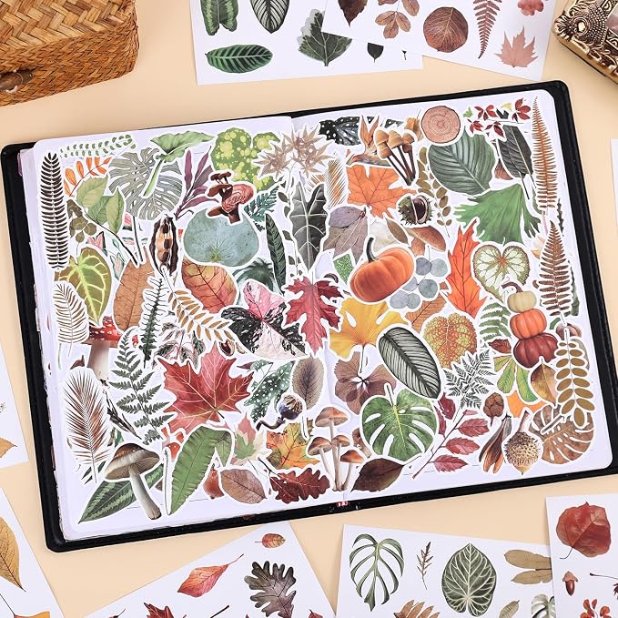 600+ Waterproof Vinyl Leaf Stickers, 30 Sheets Realistic Botanical Foliage Plant Stickers Book for Journaling Scrapbooking Water Bottle Laptop Planner Decoration, Nature-Themed DIY Supplies for Women