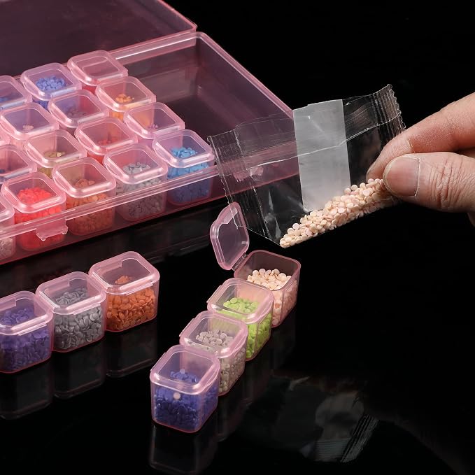 Mr. Pen- Bead Storage Containers, 28 Grids, 2 Pack, Transparent Pink | 160 pcs Label Stickers, Transparent, Small Bead Organizer Box, Diamond Art, Diamond Painting Organizer
