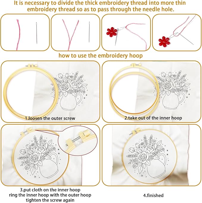 BEUNITONE 4 Set Embroidery Kits for Beginners, Flower Arrangement Design with Pre-Stamped Pattern Craft Kits Include Instruction and Hoops, 7.9x7.9 Needlepoint Kits for Festival Gifts and Home Decor