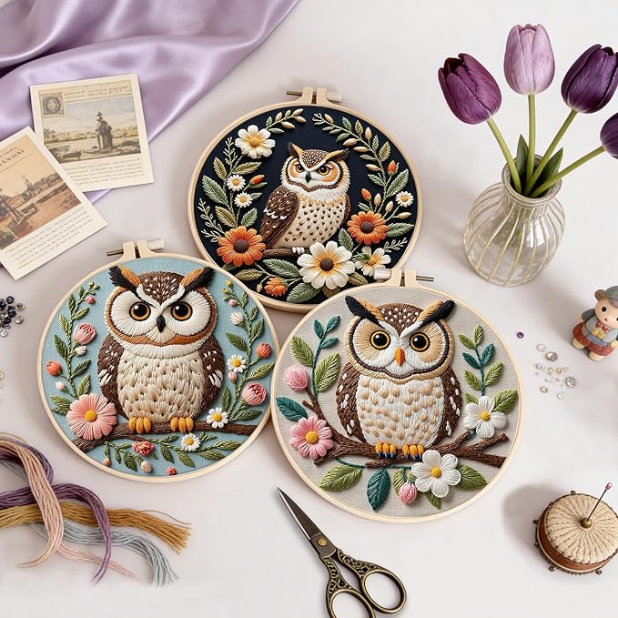 Uniartfy 3 Sets Embroidery Kit for Beginners with Owl Flower Pattern, Hand Needlepoint Kits for Adults, Embroidery Starter Kits with Hoops, Step by Step Video & Instructions, DIY Cross Stitch Kit