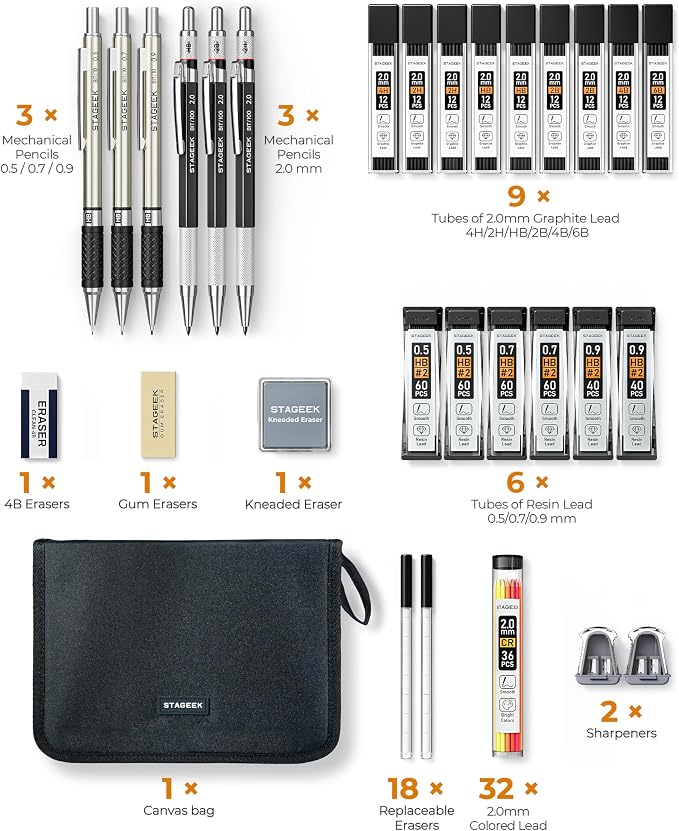 STAGEEK 30PCS Mechanical Pencil Set with Canvas Bag, 0.5, 0.7, 0.9 ＆ 2mm | Drawing Pencils with 464PCS Lead Refills (6B 4B 2B HB 2H 4H Color), Erasers, Sharpeners, Artist Pencil for Sketching Drafting