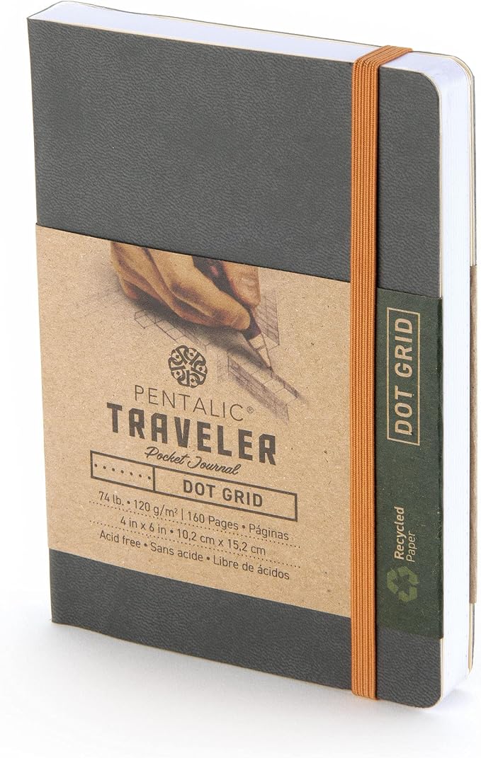 Pentalic 4 x 6" Pocket Dot Grid Traveler Journal, 160 Pages, Gray