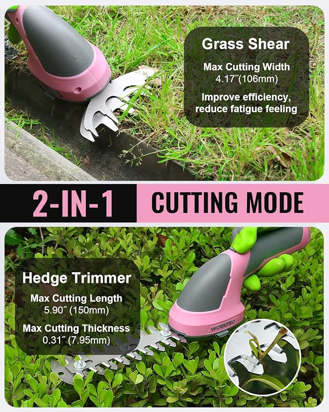 WORKPRO 7.2V Cordless Grass Shear & Shrubbery Trimmer, Pink Ribbon
