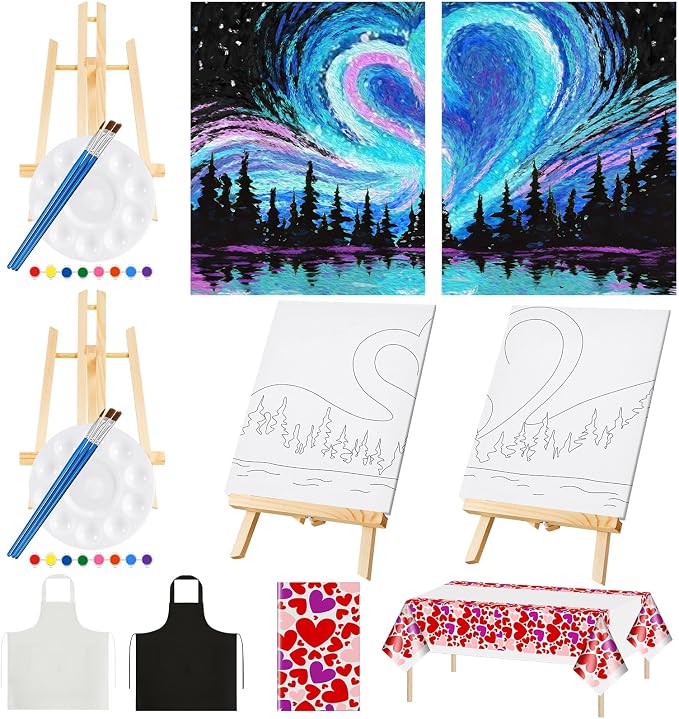 Yeaqee 13 Pcs Sip and Paint Kit for Adults Stretch Canvas Date Night Valentines Painting Kit Supplies Art Painting Set Outline Design Blank Stretch Canvas for Couple Party(Heart,10 x 8 Inch)