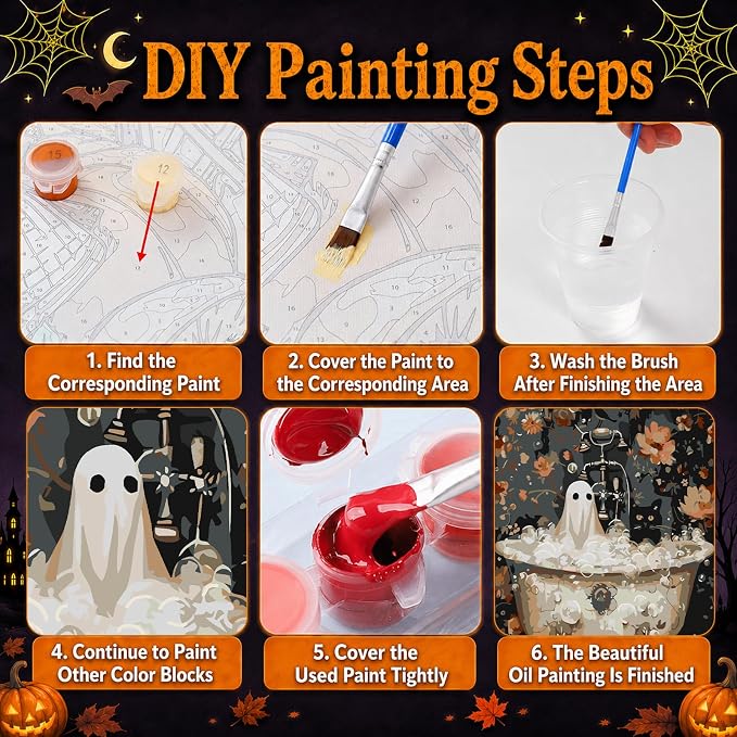 Mandun Halloween Paint by Numbers Kit for Adults, 3 Pack, 7.8x11.8 inch | DIY Painting Kits Crafts for Adults, Relieve Stress, Frame Canvas, Wooden Easel, Gift Box, Home Wall Decor