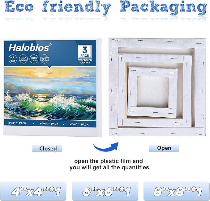Halobios 3 Packs Stretched Canvases for Painting with 4x4 Inch, 6x6 Inch, 8x8 Inch, Square Blacnk Canvases for Acrylics,Oils & Other Painting Media, 5/8 Inch Profile 100% Cotton Artist Framed Canvas