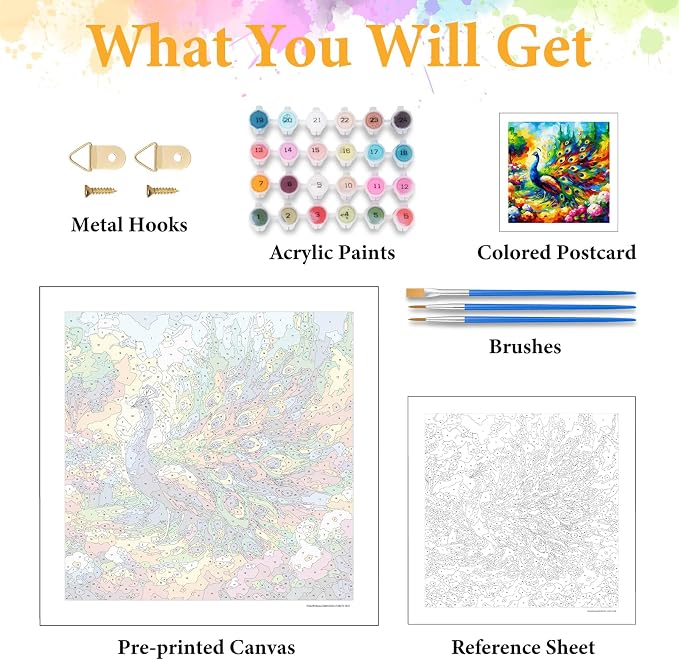 Paint by Numbers Kit for Adults, Peacock & Flower Design, 16x16 Inch