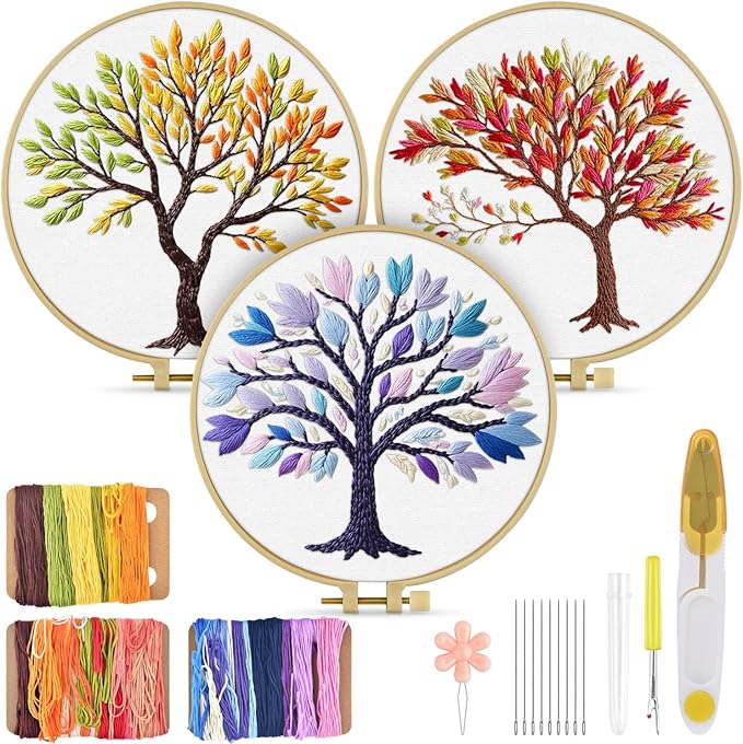 TINDTOP Embroidery Kit for Adult, 3 Pack Embroidery DIY Starter Kit | with Stamped Patterns, Hoop, Tools, Colorful Threads with Needles, Instructions (Color Tree)