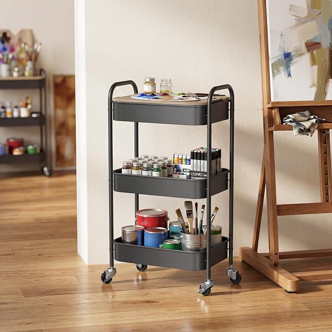 DTK 3 Tier Rolling Cart with Wheels, Heavy Duty Metal Utility Cart, Mobile Storage Organizer with Lockable Casters, Multi-Purpose Rolling Cart for Nursery, Bathroom, Kitchen, Office, Classroom