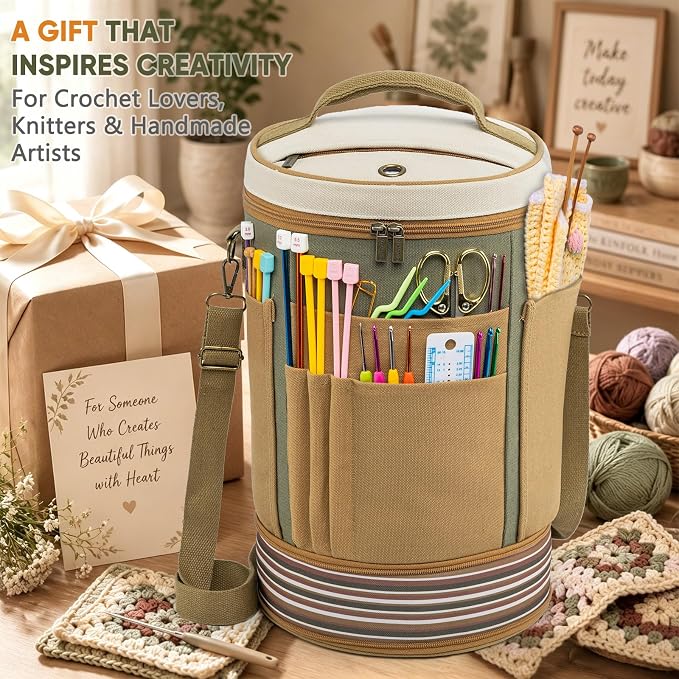 Canvas Yarn Storage Organizer with Removable Dividers, Crochet&Knitting Bag | Expandable canvas yarn organizer with removable dividers, yarn feed holes, project storage and multiple tool pockets
