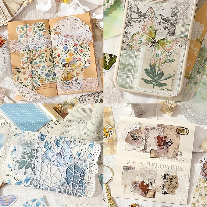 Wmhanler 400Pcs Scrapbook Supplies Vintage Scrapbook Paper Floral Junk Journal Stickers Journaling Supplies for Bullet Journaling, Retro Crafts, Planner, Collage Card Album