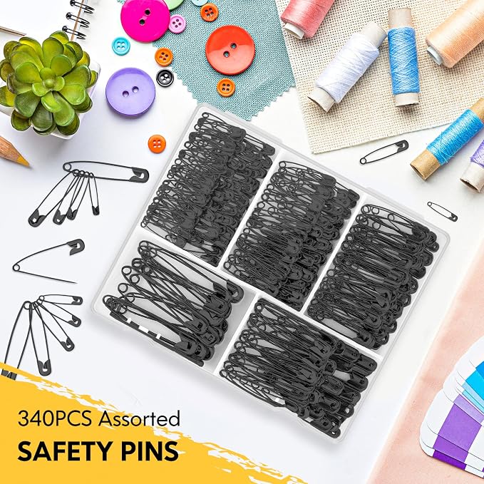 Safety Pins Assorted, 680 Pack Small & Large Heavy Duty Safety Pins for Clothes Sewing, 5 Different Sizes Pin Bulk, Arts and Crafts Supplies, Black
