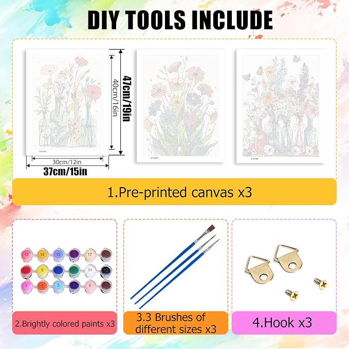 Yunruily 3 Pack Flowers Adult Paint by Numbers - Paint by Number kit for Adults,Flowers Paint by Number Adult for Gifts Home Wall Decor 12x16inch