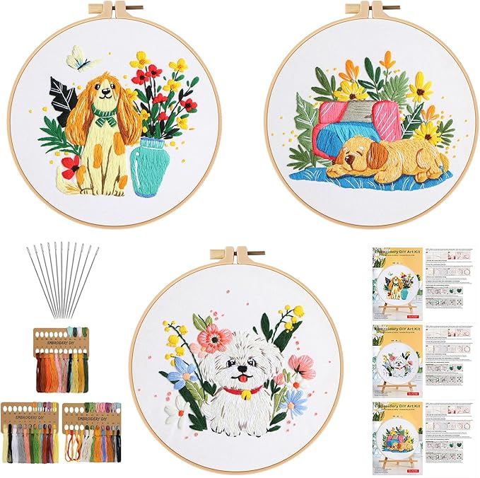 GLTAYLMY Cute Dogs Embroidery Kit for Beginners with Pattern and Instructions,3 Pack Cross Stitch Kits,1 Plastic Embroidery Hoops,Threads and Needles,Needlepoint Kit for Adults