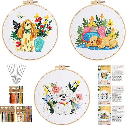 GLTAYLMY Cute Dogs Embroidery Kit for Beginners with Pattern and Instructions,3 Pack Cross Stitch Kits,1 Plastic Embroidery Hoops,Threads and Needles,Needlepoint Kit for Adults