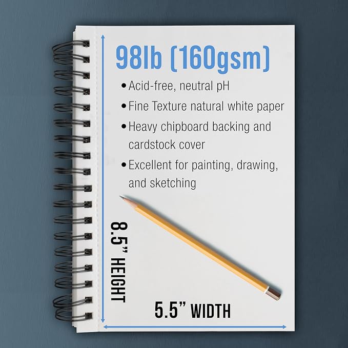 U.S. Art Supply 5.5"x8.5" Mixed Media Sketchbook, 2 Pack (60 Sheets) | (160 gsm) - Spiral-Bound Pad with Perforated Acid-Free Paper - Artist Sketch Book For Drawing, Painting, Watercolor