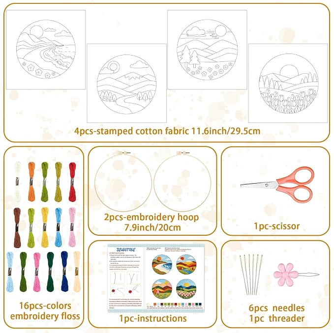 BEUNITONE 4 Set Embroidery Kit for Adults Beginner with Hoops & Instruction | Easy to Learn Landscape Stamped Embroidery Patterns, Includes Multiple Accessories, Gift for Craft Lovers Relaxation