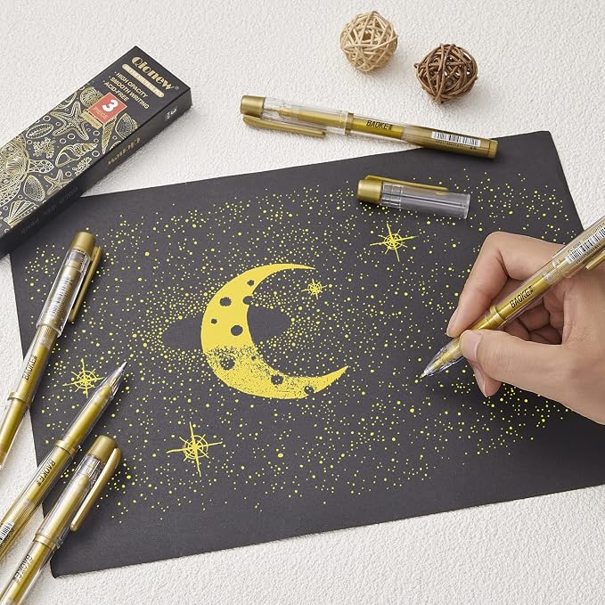 Qionew Gold Gel Pens, 3 Pack, 1mm Fine Gel Ink Pen, Opaque Ink, for Artists Drawing on Black Paper, Sketching, Illustration, Card Making, Bullet Journaling