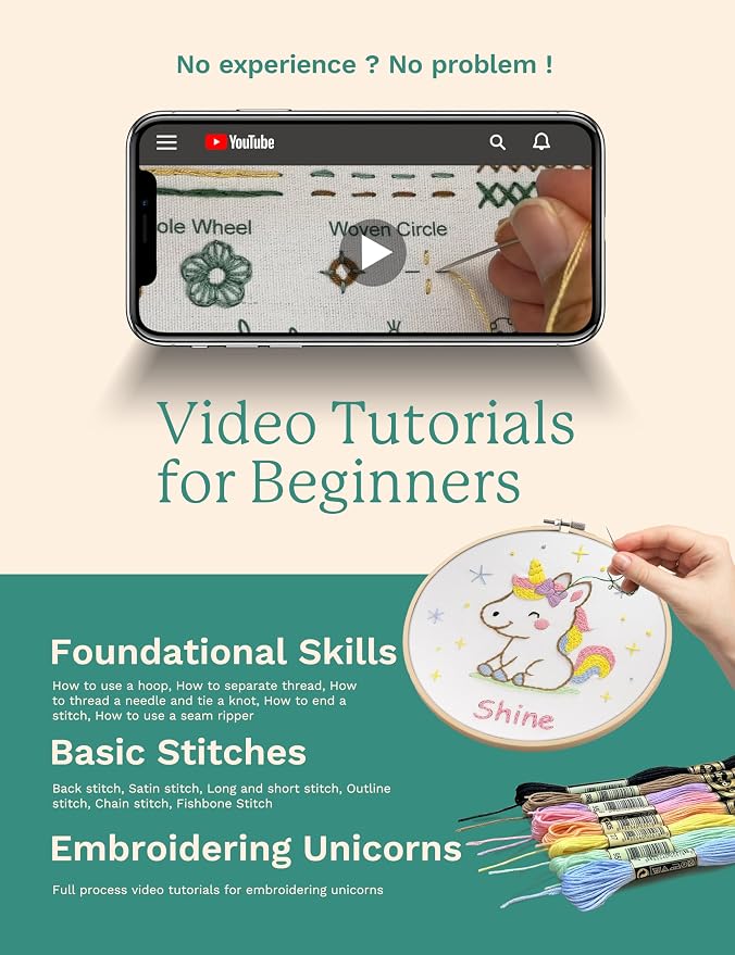 Bradove Unicorns Embroidery Kit for Beginners with Patterns | Beginner Embroidery Kit for Adults and Kids, Hand Embroidery for Beginners, Learn to Embroider Kit Adult Beginner