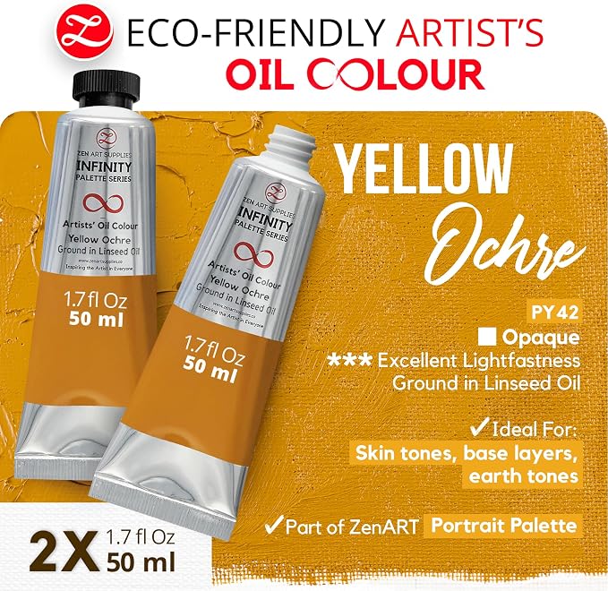 ZenART Professional Oil Paint Set - Artist Grade Yellow Ochre - 2x50ml | Non-Toxic, Buttery Consistency, Rich Pigment, Lightfast Oil Paints for Primed Surface Canvas, Fine Art, Portraits & Landscape