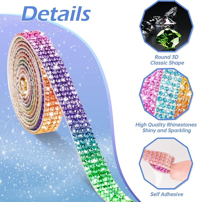 NiArt Self Adhesive Crystal Rhinestone Diamond Ribbon 6 Rolls, 0.9cm Wide Total 6 Yards Multi-Functional DIY Decorative Bling Gemstone Arts Crafts Sticker Tapes Glitter Shoes Clothes (Assorted Colors)
