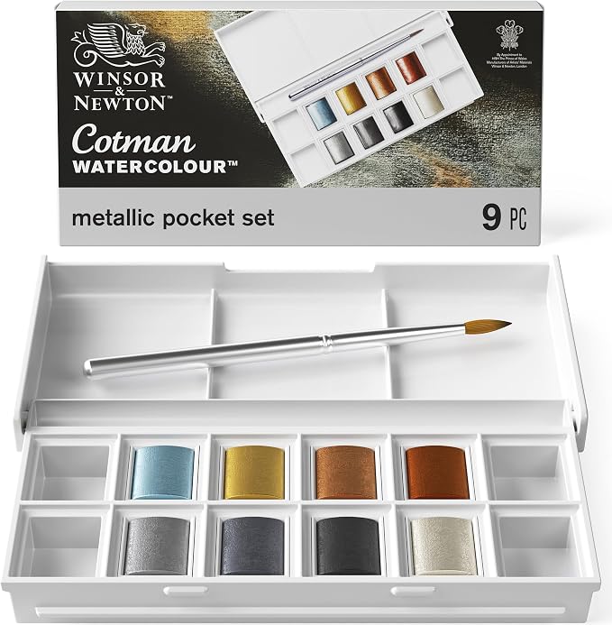 Winsor & Newton Cotman Watercolor Paint Set, 8 Half Pan, Metallic Set | Introductory Watercolor made with Fine Art Pigments, Perfect for Beginners, Lightfast & Permanent, Good Tinting Strength