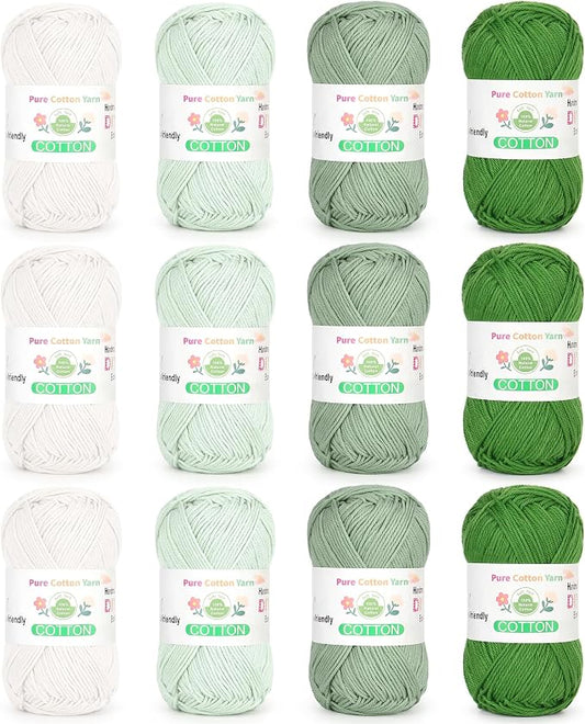 Katech 1OO% Cotton Yarn for Crocheting & Knitting–Baby Cotton Yarn (G) | 12-Color of 137 Yards/1.76 oz Sport Weight CYC #2-Soft & Breathable-Ideal for Dishcloths, Baby Clothes, Potholders & Crafts