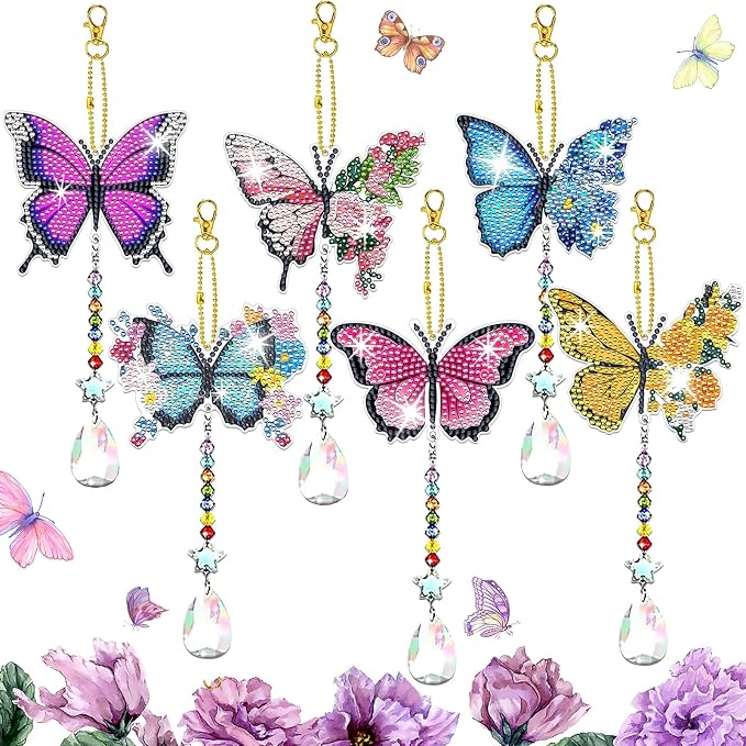 6 Pcs Diamond Painting Butterfly Wind Chimes Kits 5D DIY Crystal Diamonds Painting Suncatcher Christmas Ornament Double Sided Diamond Art Keychains Pendant Best Gifts for Mom