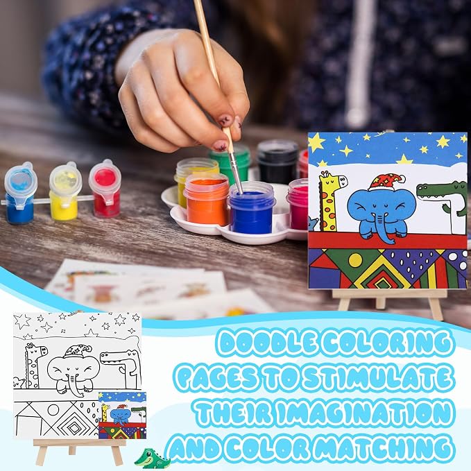 Tenceur 12 Sets Pre Drawn Canvas to Paint Adult Stretched Coloring Painting Canvas Panels with Design Easel and Brushes for Party Supplies Beginner Favor(Cute Style)