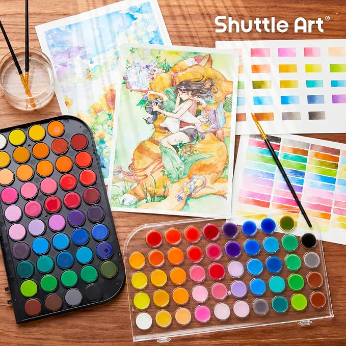 Shuttle Art Watercolor Paint Set, 48 Colors Watercolor Paint Pan Set with 3 Paint Brushes for Beginners, Artists, Kids & Adults for Painting, Journaling, Calligraphy Practice
