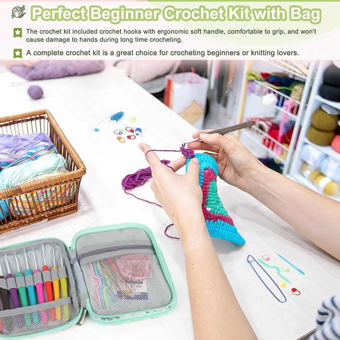 Katech 85 pcs Crochet Hooks Kit Knitting Accessories with Crochet Case, Small Sizes Crochet Hooks for Knitting Lace Yarn, Colorful Ergonomic Crochet Needles Set for Making Sweater, Bag and Hat (Green) | 85 Pcs Metal Crochet Hook Kit and Complete Croche...