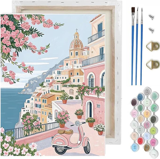 Seaside Landscape Paint by Numbers Kit for Adults, DIY Oil Painting 10x12In | With Frame,Pre-printed Canvas, Vibrant Acrylic Paints & Brushes, Beginner Friendly DIY Craft, Perfect Home Wall Art Gift