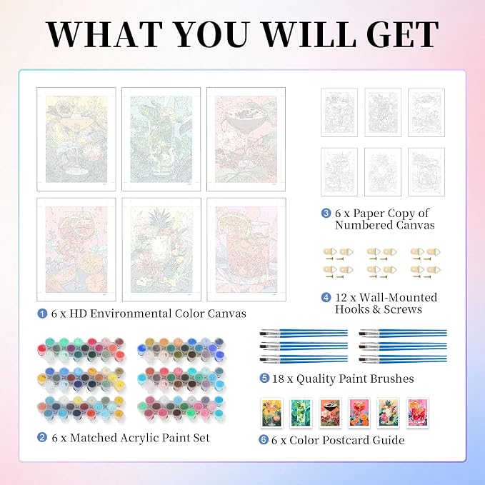 6 Pack Paint by Numbers Kit for Adults, Cocktail Drinks Canvas Painting Set | 10x14 Inch, DIY Acrylic Painting Craft Kit for Beginners without Frame, Relaxing Creative Hobby, Home Wall Decor, Gift