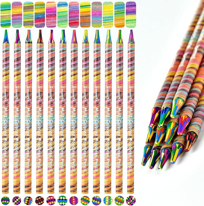 Brusarth Woodless Full Core 4-in-1 Rainbow Colored Pencils, 12 Pack | Multi-color full core pencils for drawing, coloring & sketching, art supplies suitable for artists
