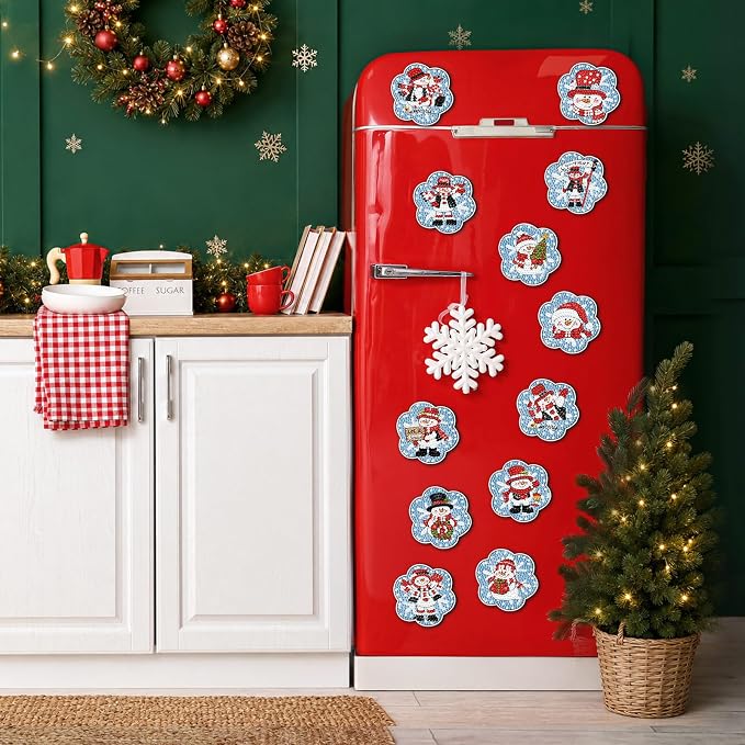Zonon 12 Pcs Christmas Snowman Diamond Art Magnets,Blue White Red | Winter Diamond Painting Magnets Kits, Sparkling Snowman Stickers, DIY Craft Gifts, for Refrigerator Home Kitchen Decor