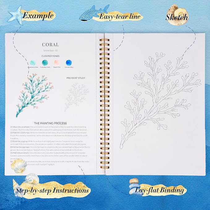 Watercolor Workbook for Beginners,18 Serene Seas Sceneries Water Coloring Book,Relaxing & Easy to Paint Water Coloring Book with 24 Colors-Perfect for Gifting to Creativity & Joy for Adults