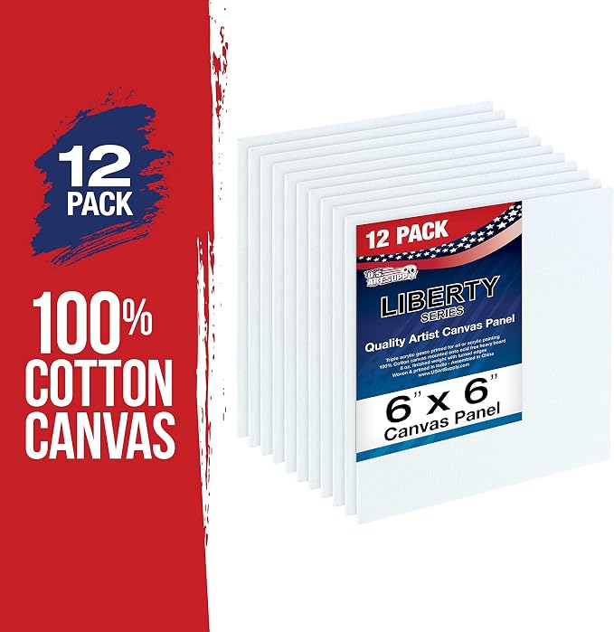 U.S. Art Supply 6 X 6 Inch Art Canvas Board Panels 12 Pack - 8 Ounce | Heavyweight Cotton Acid Free Canvases for Painting Acrylics and Watercolor (1 Case of 12 Single Canvas Painting Panels)