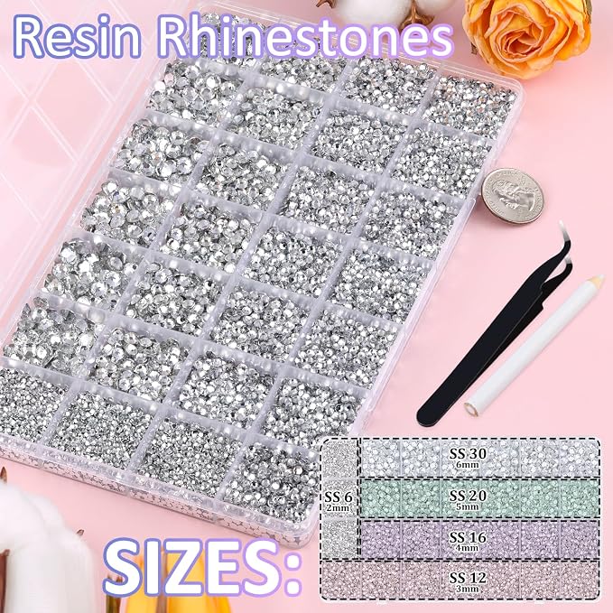 30000Pcs Resin Rhinestones for Bedazzling with Tweezers, Clear Rhinestones for Crafting with 3Pcs 10ml B7000 Jewelry Glue for DIY Crafts Clothing Tumblers Shoes Fabric Nail Art