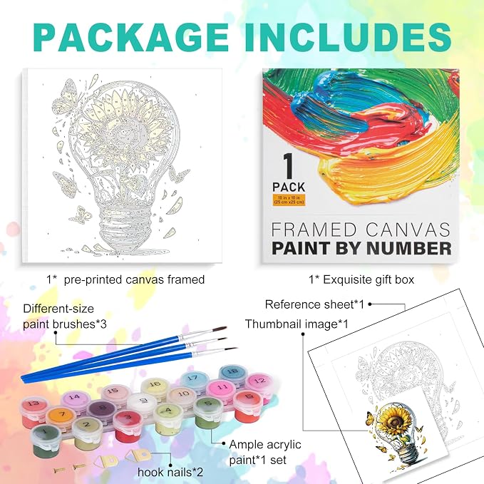 Framed Paint by Numbers Kit for Adults, Sunflower Light Bulb, 10 x 10 Inch | DIY Adult Paint by Number Kit for Beginners, Modern Wall Decor, Stress Relief Craft Gift, Creative Hobby