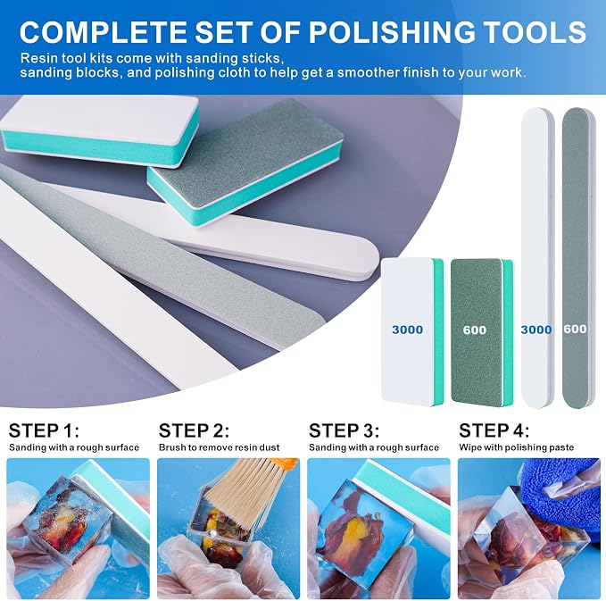 LET'S RESIN Resin Polishing Kit, 33-Piece Sanding and Finishing Tools | Includes Sandpaper, Resin Files, Polishing Strips and Blocks, Scissors, Brush and Cloth for Finishing Resin Jewelry